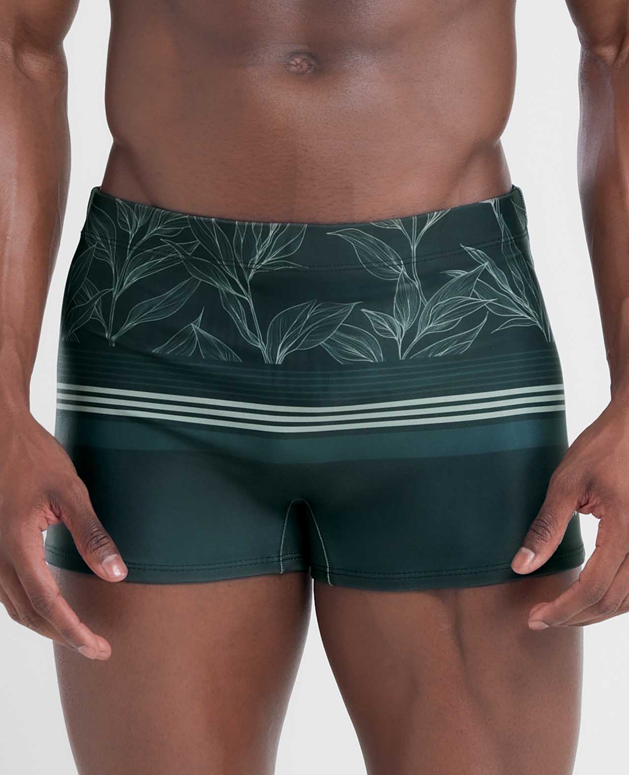 Sunga Boxer Estampada com Folhagem e Listras Plus Size Verde Escuro