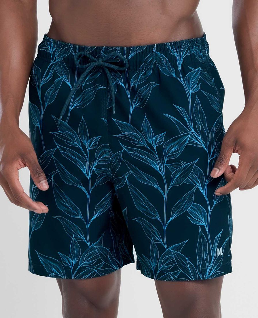 Shorts Elastano com Estampa de Folhagem Plus Size Preto